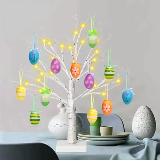 12 Pieces 24" Easter Lighted Birch Tree withOrnaments,Warm White LED Birch Tree Light Tabletop Artificial Tree 8 Lighting Modes USB or Batteries Operated with Timer for Easter Decor {3}