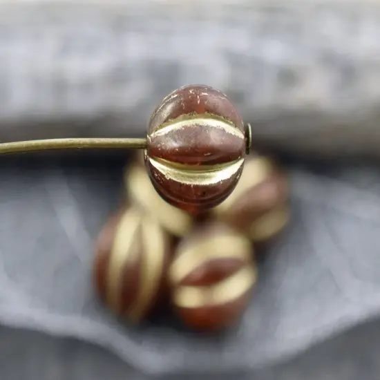 *15* 10mm Gold Washed Burnt Ginger Orange Round Melon Beads {6}