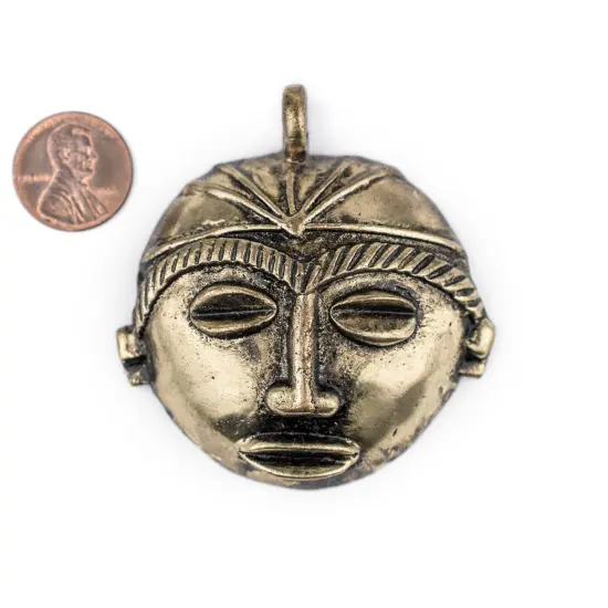 The Bead Chest Round African Brass Mask Pendant (58x62mm): Genuine West African Mask Design for DIY Jewelry & Necklaces {2}