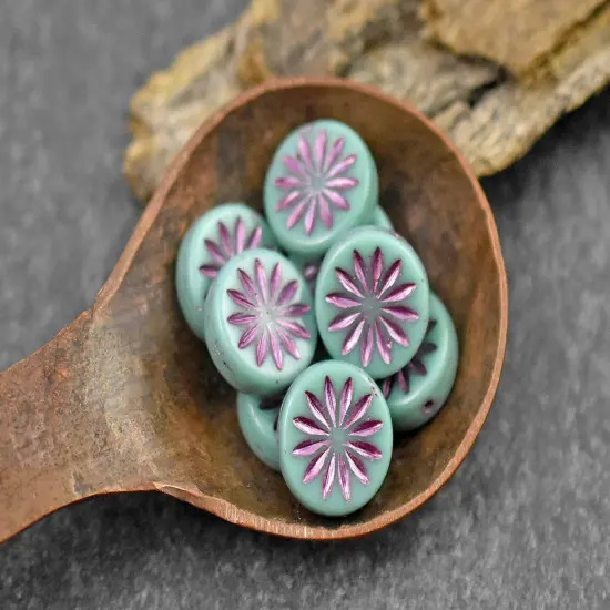 *15* 12mm Pink Washed Opaque Turquoise Aster Flower Coin Beads {4}