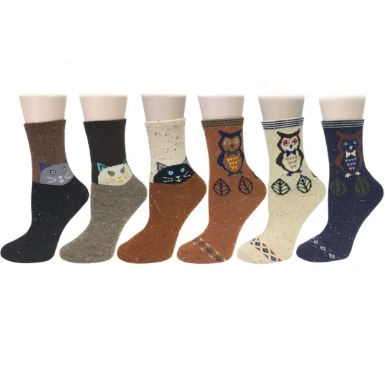 Wrapables Thick Rabbit Hair Wool Crew Socks (Set of 6), Cat and Owl {1}