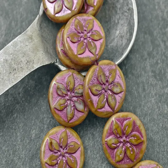 *6* 18mm Metallic Pink Washed Alabaster Picasso Floral Coin Beads {4}