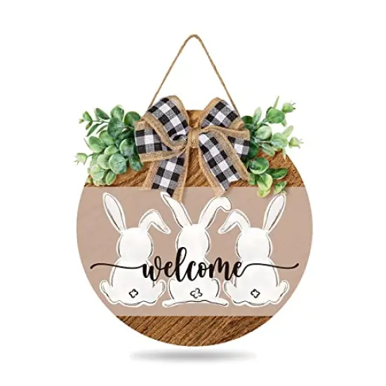 Whaline Easter Wooden Hanging Sign Bunny Rabbit Welcome Sign Door Decoration with Bow Rustic Easter Wood Wreath Sign for Easter Spring Holiday Home Coffee Shop Bakery Farmhouse Window {1}