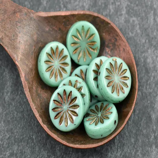 *15* 12mm Dark Bronze Washed Opaque Turquoise Aster Flower Coin Beads {3}