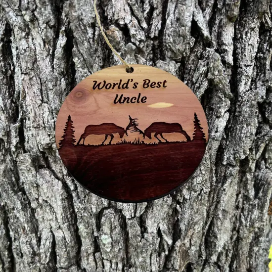 Worlds Best Uncle Elk Battle - Cedar Ornament {2}