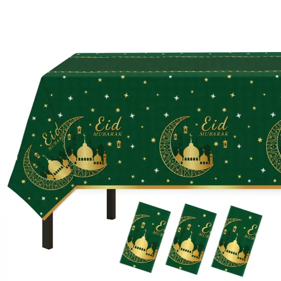 3 Pack Ramadan Mubarak Tablecloths for Eid Mubarak Decorations, 54" x 108" Plastic Disposable Happiness Ramadan Eid Al-fitr Party Table Covers for Rectangle Tables Ramadan Party Favors(Green) {2}