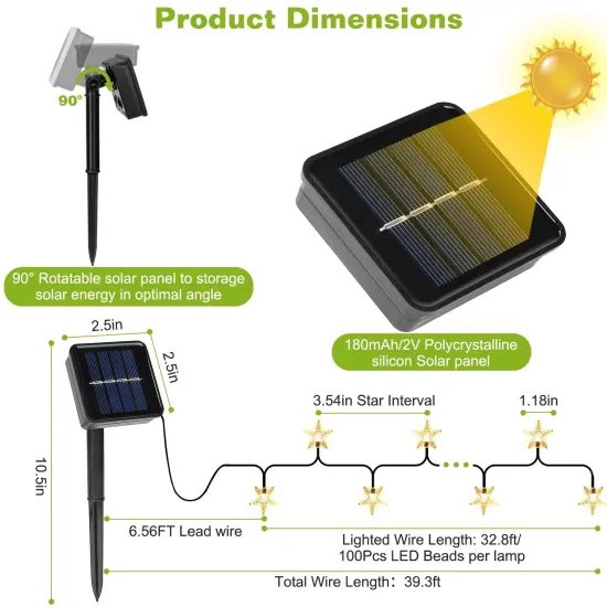 2Pcs Solar Powered String Lights 39.3FT 100LED Beads Fairy Star Lights Multicolor {6}