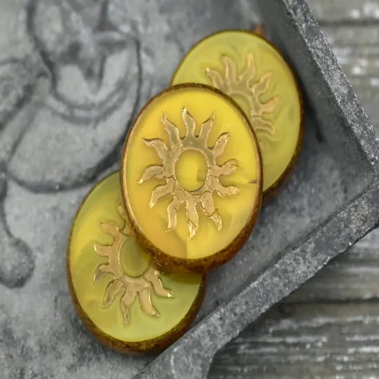 21mm Gold Washed Sunflower Yellow Opal Table Cut Sun Design Coin Beads - 2 Beads {2}