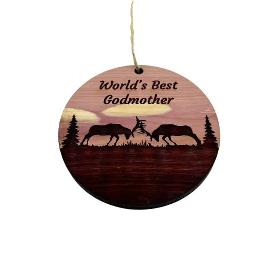 Worlds Best Godmother Elk Battle - Cedar Ornament {3}