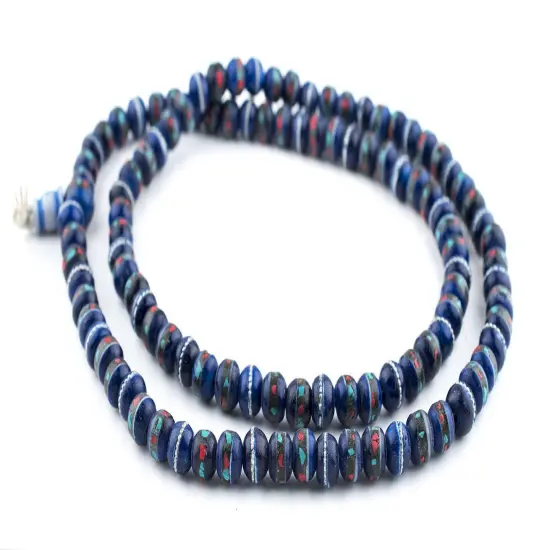 The Bead Chest Cobalt Blue InlaidBone Mala Beads 10mm Nepal Round Large Hole 34 Inch Strand {3}