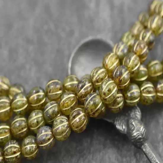 *16* 8mm Gold Washed Green Amber Picasso Round Melon Beads {1}