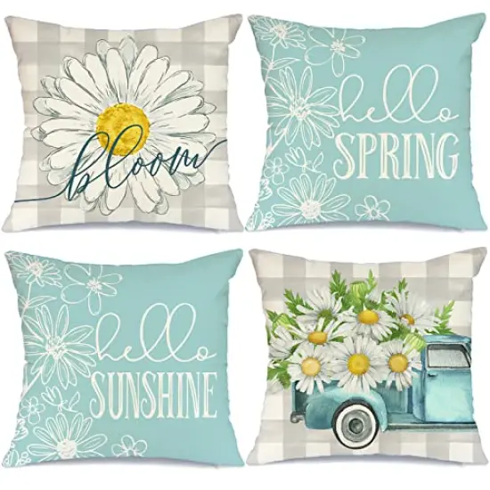 Pillow Covers 18x18 Set of 4 Buffalo Plaid Daisy Truck Bloom Hello Sunshine Spring Pillows Decorative Throw Pillows Light Blue Pillowcase Spring Decorations Farmhouse Decor for Couch Sofa {2}