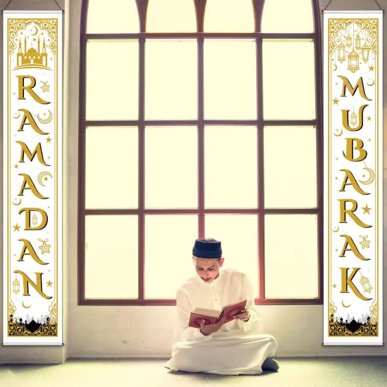 Eid Mubarak Decoration Set Eid Mubarak Porch Sign Ramadan Banner Hanging Decoration for Indoor/Outdoor Decoration Eid Al-fitr Party (Gold White) {4}