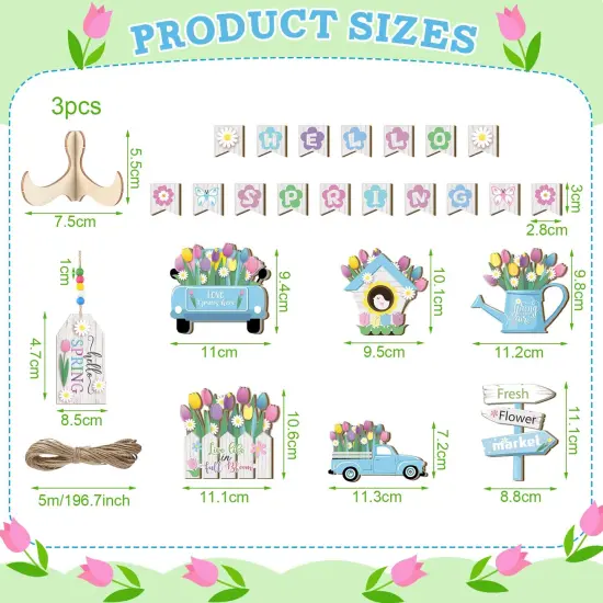 Hello Spring Tiered Tray Decor Tulips Table Wooden Sign Decorations Flower Market Tabletop Rustic Farmhouse Decor for Spring Holiday Party Home Kitchen (Tulip Style) {5}