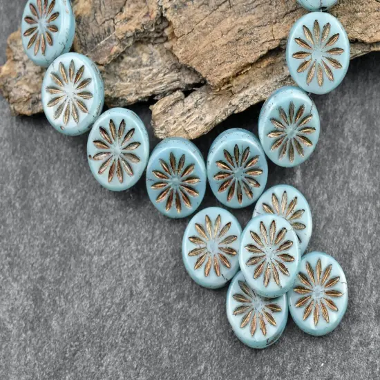 *15* 12mm Dark Bronze Washed Sky Blue Silk Aster Flower Coin Beads {1}