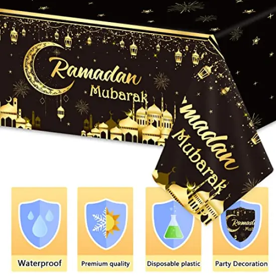 3 Pieces Ramadan Mubarak Tablecloths Eid Mubarak&nbsp;Party Table Decorations Ramadan Kareem Party Decorations Supplies Black and Golden&nbsp;Rectangle&nbsp;Table&nbsp;Cover&nbsp;for Eid Al-fitr Dinning Room Party Favors {2}