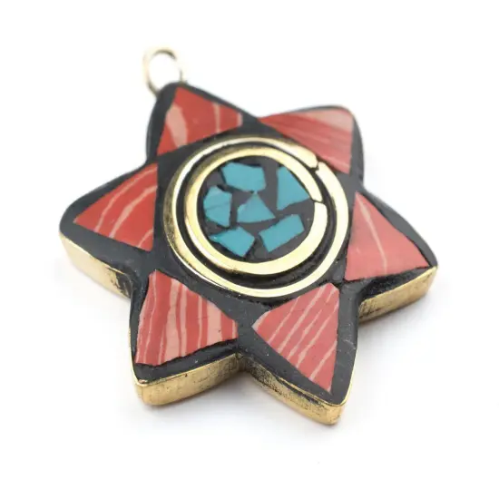 The Bead Chest Nepali Star of David Pendant: Authentic Ethnic Judaica Brass Charm Inlaid with Stone for DIY Necklace and Jewelry (Coral & Green) {3}