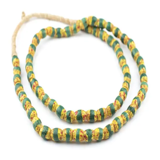 The Bead Chest Old Antique Venetian Yellow Oval Striped Trade Beads Green Stripe 9mm Ghana African Multicolor Glass Large Hole 32 Inch Strand {3}