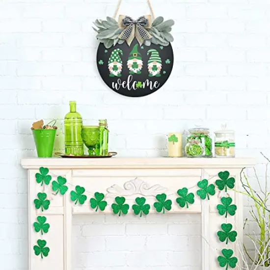 St Patrick's Day Welcome Sign Wreath For Front Door Decor Shamrock Hanging Door Sign Gnomes Pattern With Greenery & Bow Wooden Round St Patricks Day Decoration For The Home Farmhouse Decor 12x12 Inch {2}