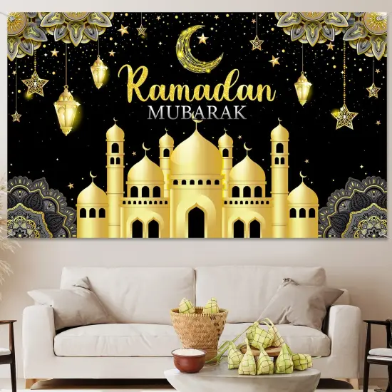 Backdrop Banner Muslim Kareem Background Eid Sign Photo Booth for Home Al Fitr Party Supplies (Black) {3}