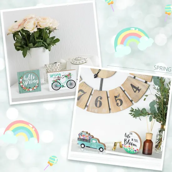 4 Pieces Easter Tiered Tray Decorations Hello Spring Decorations for Home Happy Easter Sign Bunny Farm Fresh Truck Wooden Centerpiece Table Signs for Indoor Home Kitchen Decor(Car Style) {5}