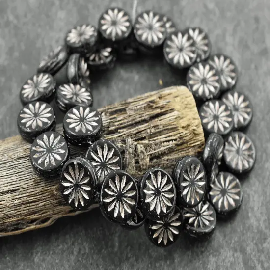 *15* 12mm Platinum Washed Jet Black Aster Flower Coin Beads {3}