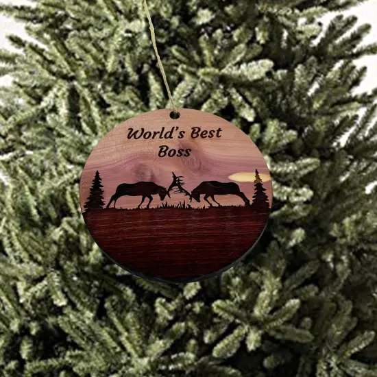 Worlds Best Boss Elk Battle - Cedar Ornament {2}