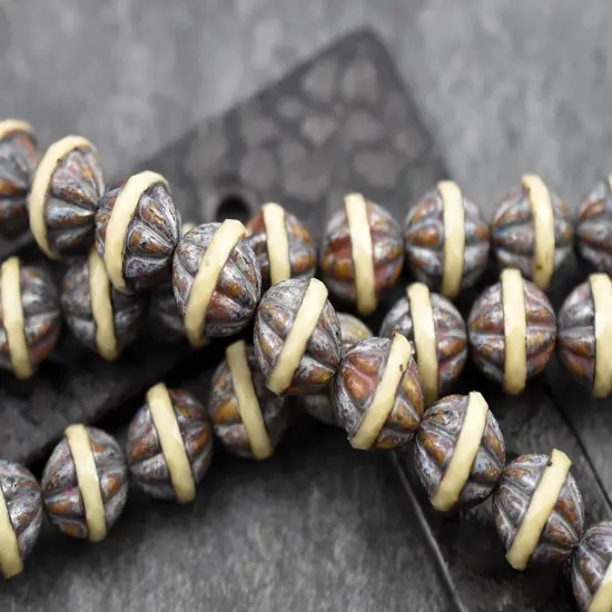 *11* 12x13mm Opaque Beige Ivory Travertine Center Cut Saturn Beads {3}