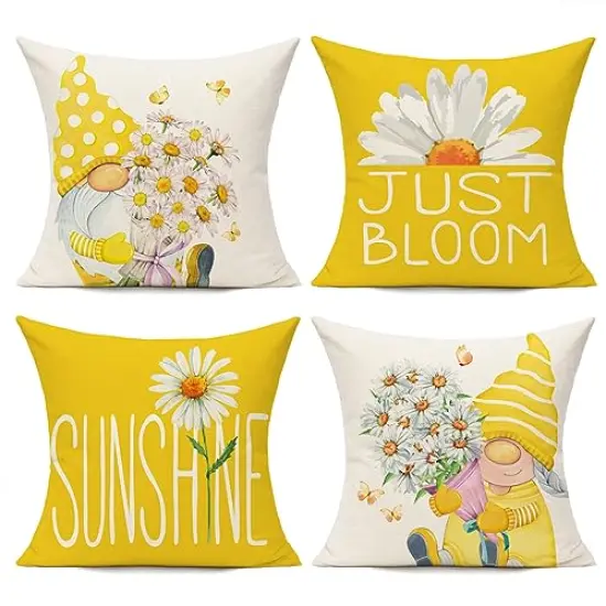 Outdoor Yellow Throw Pillow Covers 18x18 Set of 4 Spring Summer Decorative Cushion Cases Home Décor Decorations for Patio Couch Chair Sofa,Daisy Floral Gnomes {2}