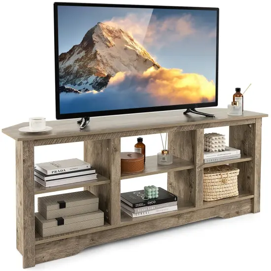 Costway 58" TV Stand with 6 Open Storage Shelves Shelf for 18 inch Fireplace(not included) Black/Grey {8}