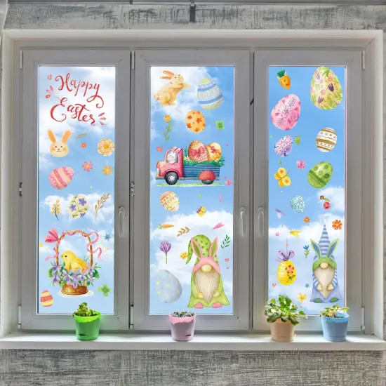 Easter Decorations Window Clings Decals Decor, 9 Sheets Large Easter Eggs Flowers Bunny Party Supplies Gifts, Double Sided Spring Window Clings Decorations for Kids School Home Office {4}