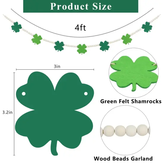 St. Patrick's Day Decorations, Felt Shamrocks Wood Bead Garland for St. Patrick's Day Decor, Lucky Green St. Patrick's Day Felt Banner for Fireplace Mantel Walls {5}