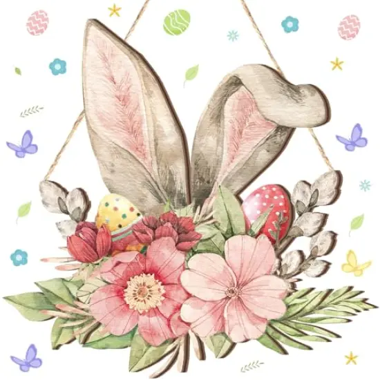 Juexica Easter Door Sign Bunny Ear Hanging Door Decor Easter Flower Wooden Sign Wall Hanging Decorations for Front Door Wood Porch Decor Wall Pediments {1}