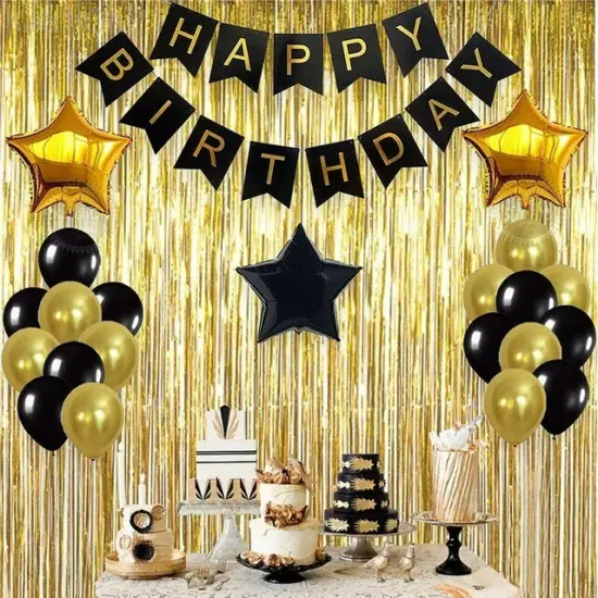 Hot Happy Birthday Decoration Multiple Color Banner Balloons Set Party Supplies Foil gold black {1}