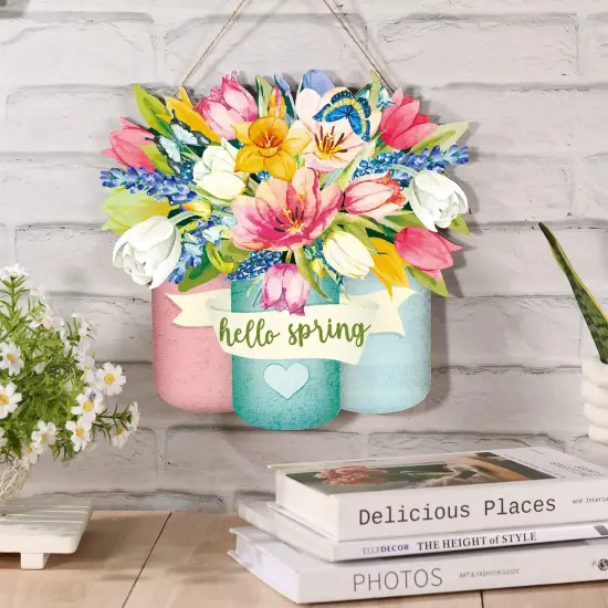 Spring Welcome Sign Wood Front Door Decor Hanging Outdoor Wooden Decorations for Farmhouse Porch Decoration (Flower Style) {1}