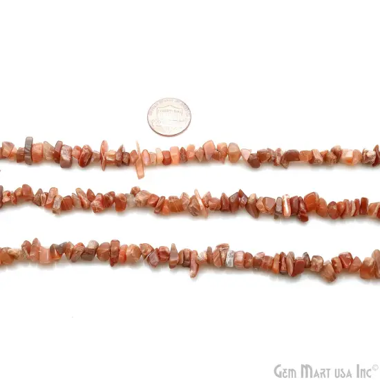 Peach Moonstone Chip Beads, 34 Inch, Natural Chip Strands, Drilled Strung Nugget Beads, 7-10mm, Polished, GemMartUSA (CHMO-70004) {2}
