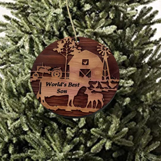 Worlds Best Son Farm Scene - Cedar Ornament {2}