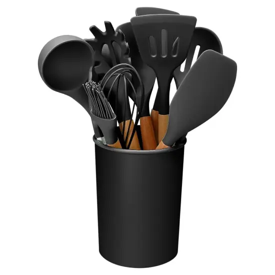 Wooden Handle Non Stick Silicone Cooking Utensil 11 pcs Black {1}
