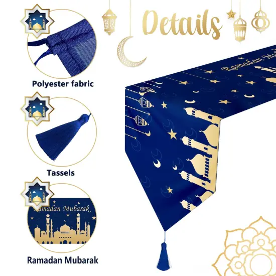 2 Pieces Eid Mubarak Table Runner -12 x71 Table Runner Eid Mubarak Decorations with Tassels -Table Runner Dresser Scarves for Table Dinner Holiday Party(Eid Mubarak Table Runner, 2) {2}