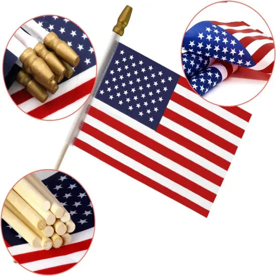 LOT of 50 - USA 4X6 in Wooden Stick Flag - July 4Th Decoration, Veteran Party, Grave Marker, Etc. - Handheld American Flag with Kid Safe Golden Spear Top (Pack of 50) Us - 12 Pack {6}
