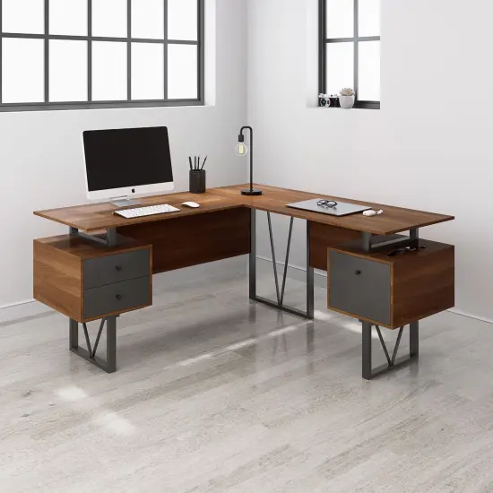 Techni Office Solutions 59" Decorative Reversible L-Shaped Computer Desk with Drawers and File Cabinet Brown {6}