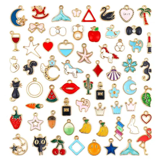 60PCS Assorted Gold Plated Enamel Animal Moon Star Fruit Charm Pendant DIY for Necklace Bracelet Jewelry Making and Crafting {1}