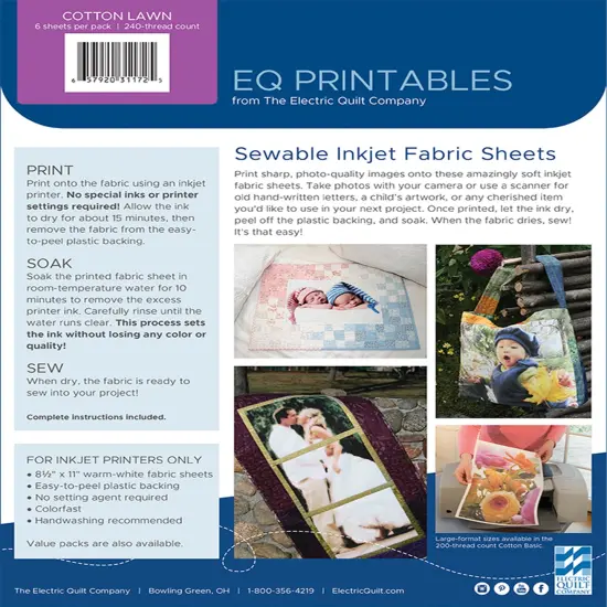 EQ Inkjet Printable Cotton Lawn Fabric Sheets 8.5"X11"-6/Pkg {2}