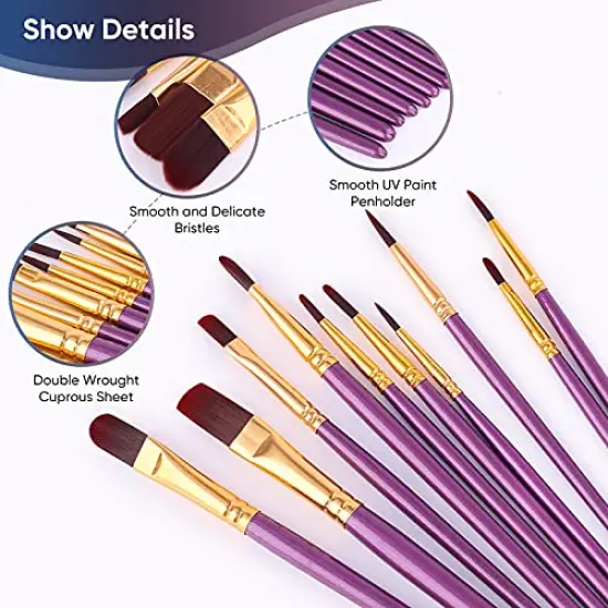 Paint Brushes Set 2-Pack 20 Pieces for Acrylic, Oil, and Watercolor Painting Artist Paintbrushes for Body, Face, Rock, Canvas Kids and Adult Drawing Arts and Crafts Supplies Purple {5}