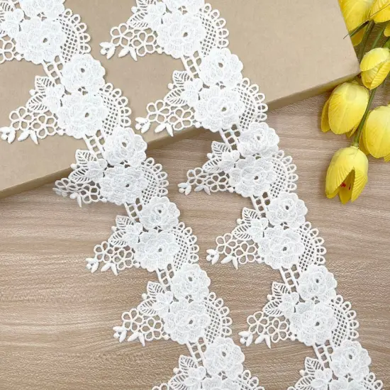 VL 6623 White Wide Venice Lace Trim Rose Flower and leaves, 3&rdquo; (76mm) x 2 yards. perfect for DIY crafting, sewing {1}