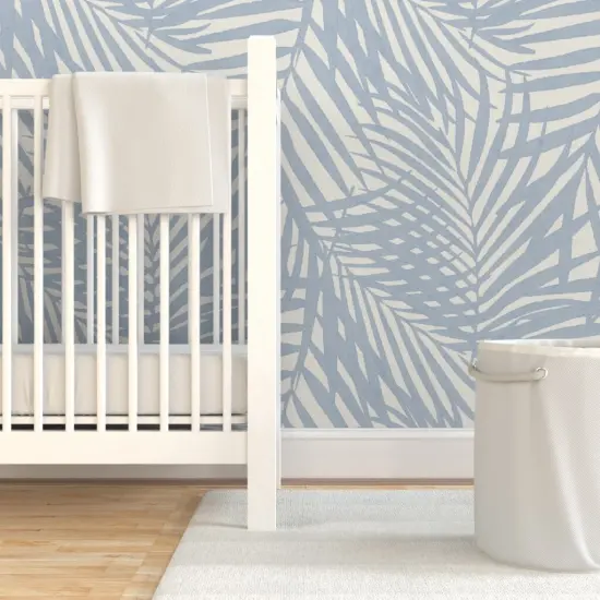 Pre-Pasted Wallpaper 2FT Wide Cream Blue Tropical Palm Soft Watercolor fan palm Custom Pre-pasted Wallpaper by Spoonflower {7}