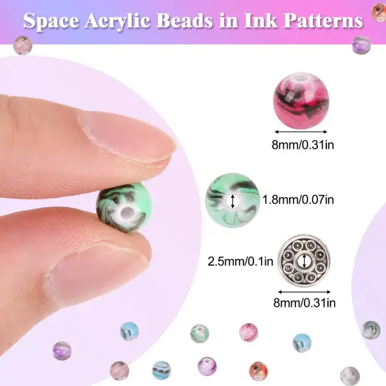 500 Pieces Craft Beads for Jewelry Making, for Bracelets Making,Space Acrylic Beads in Ink Patterns with 50pcs Spacer Beads and Crystal String (8mm) {3}