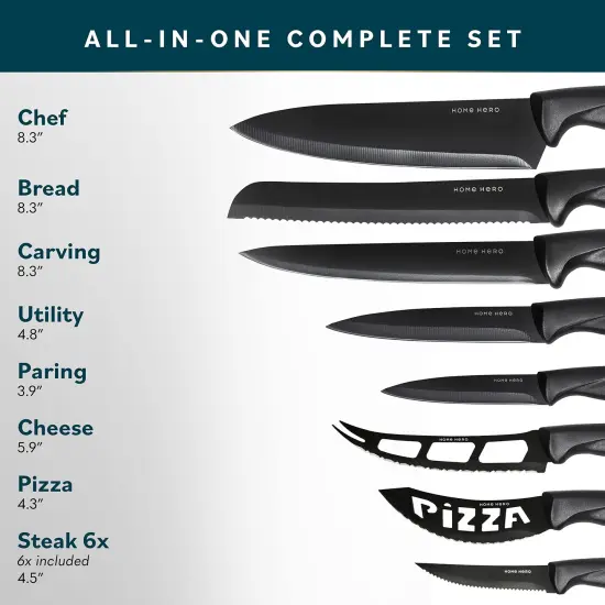 Home Hero Kitchen Knife Set, Steak Knife Set & Kitchen Utility Knives - Ultra-Sharp High Carbon Stainless Steel Knives with Ergonomic Handles (20 Pc Set, Black) {3}