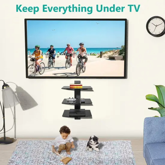 Floating Entertainment Center Shelves, Holds Up to 17.6lbs, TV Shelf with Strengthened Tempered Glasses for DVD Players, Cable Boxes, Games Consoles, TV Accessories (CS303B), 3 Shelf, Black {3}