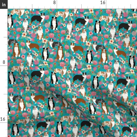 Various Fabrics by the Yard or Fat Quarter Australian Shepherd Dogs Floral Cute Aussie Dog Vintage Flowers Turquoise Shepherds Breed Custom Printed Fabric by Spoonflower {2}